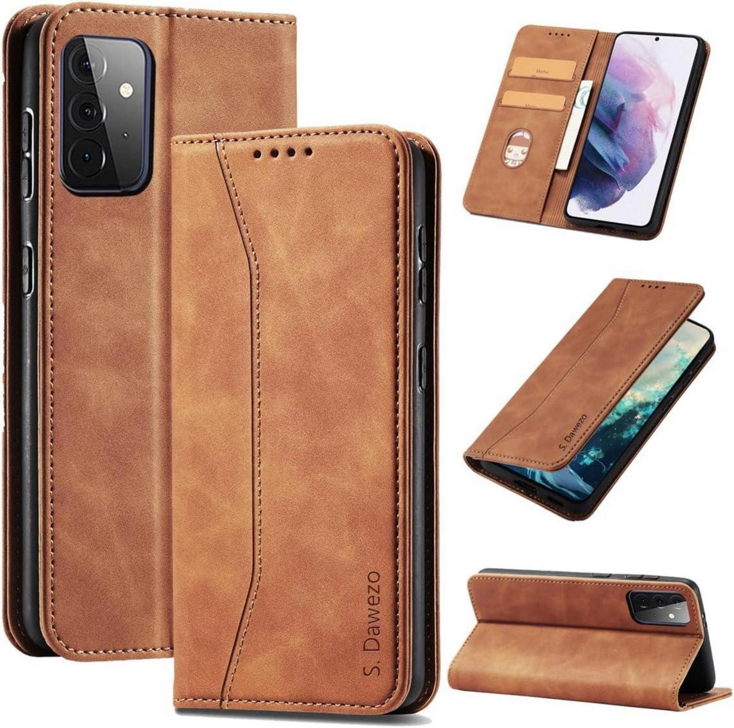 Samsung Galaxy A72 Leder Handyhülle mit Ständer und Kartenfach-Braun