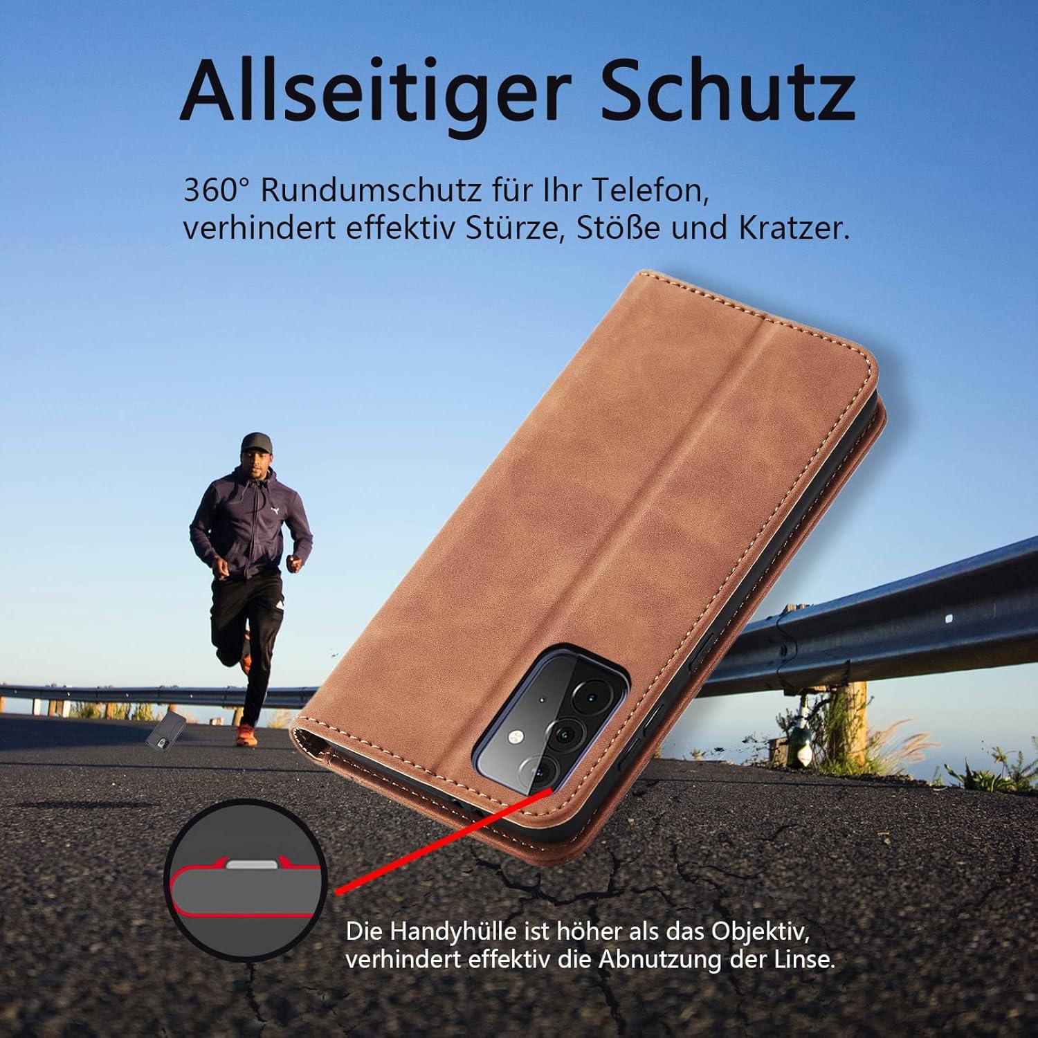 Samsung Galaxy A72 Hülle, Premium Leder mit Ständer, Kartenfach, Braun