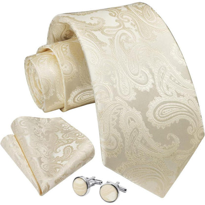 Herren Krawatten Set mit Einstecktuch & Manschettenknöpfen – Seide Paisley Beige/Champagner