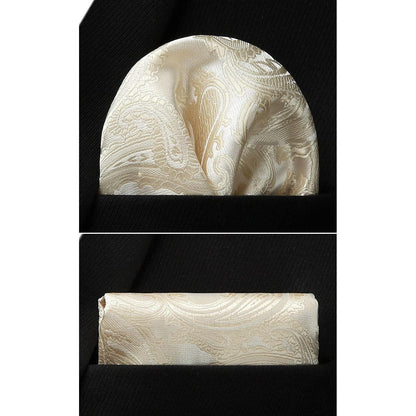 Herren Krawatten Set mit Einstecktuch & Manschettenknöpfen – Seide Paisley Beige/Champagner