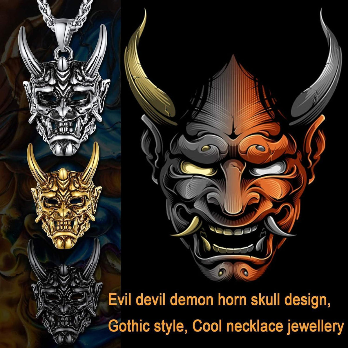 Herren Halskette Dämonenschädel Gold Edelstahl Gothic Hip Hop Rock Kette