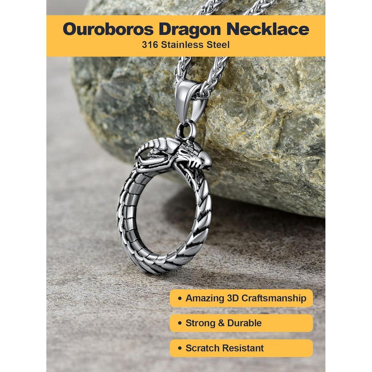 Herren Halskette Edelstahl mit Drachen Ouroboros Anhänger Wikinger Stil