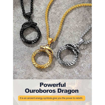 Herren Halskette Edelstahl mit Drachen Ouroboros Anhänger Wikinger Stil