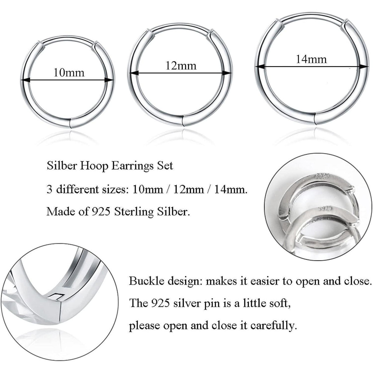 Silber Creolen Set 925 Sterling Silber Damen Ohrringe 3 Paar