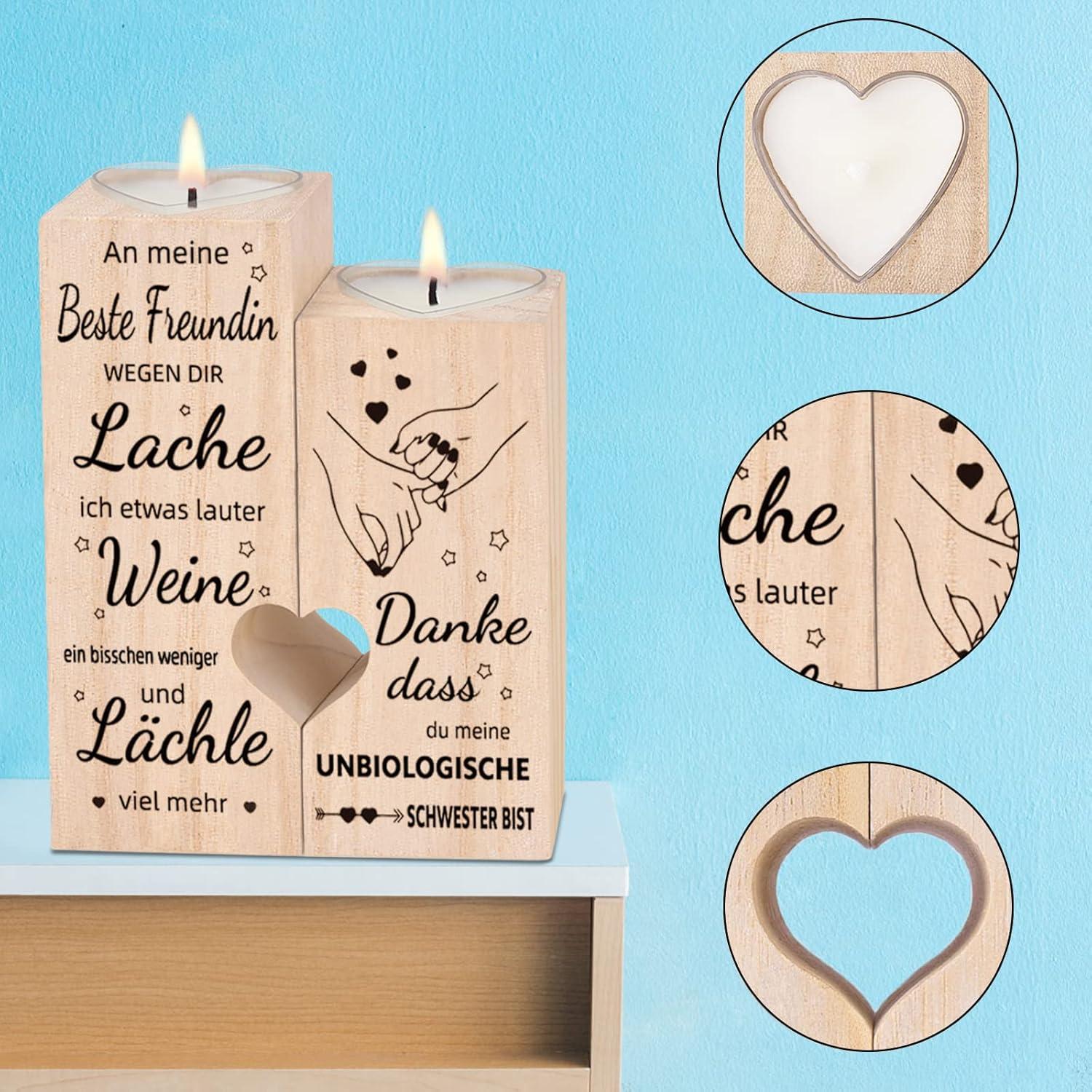 Kerzenhalter mit Herz-Zitat und Teelicht, Holz, inkl. Kerze