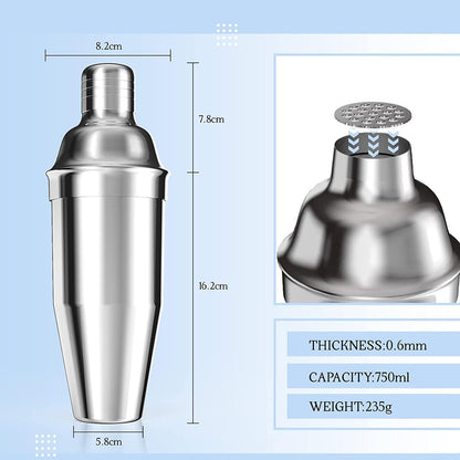 Cocktail Shaker Edelstahl 750 ML Martini Mixer Sieb - Getränke Mix Set