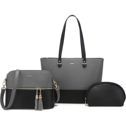 Shopper Set 3-teilig Damen Handtasche Schultertasche Geldbörse Lederoptik Grau-Schwarz