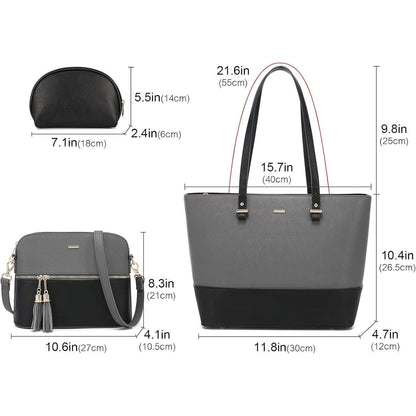 Shopper Set 3-teilig Damen Handtasche Schultertasche Geldbörse Lederoptik Grau-Schwarz