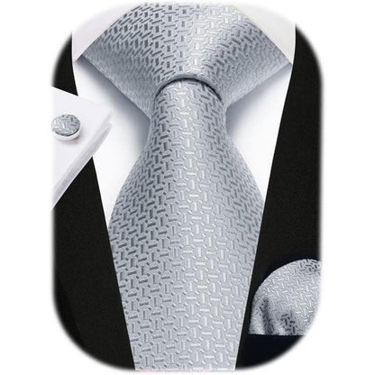 Herren Krawatten Set mit Einstecktuch & Manschettenknöpfen Grau/Silber