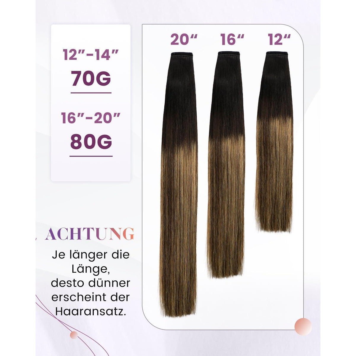 Echthaar Zopf Extension Schwarz Ombre Braun Balayage 40cm