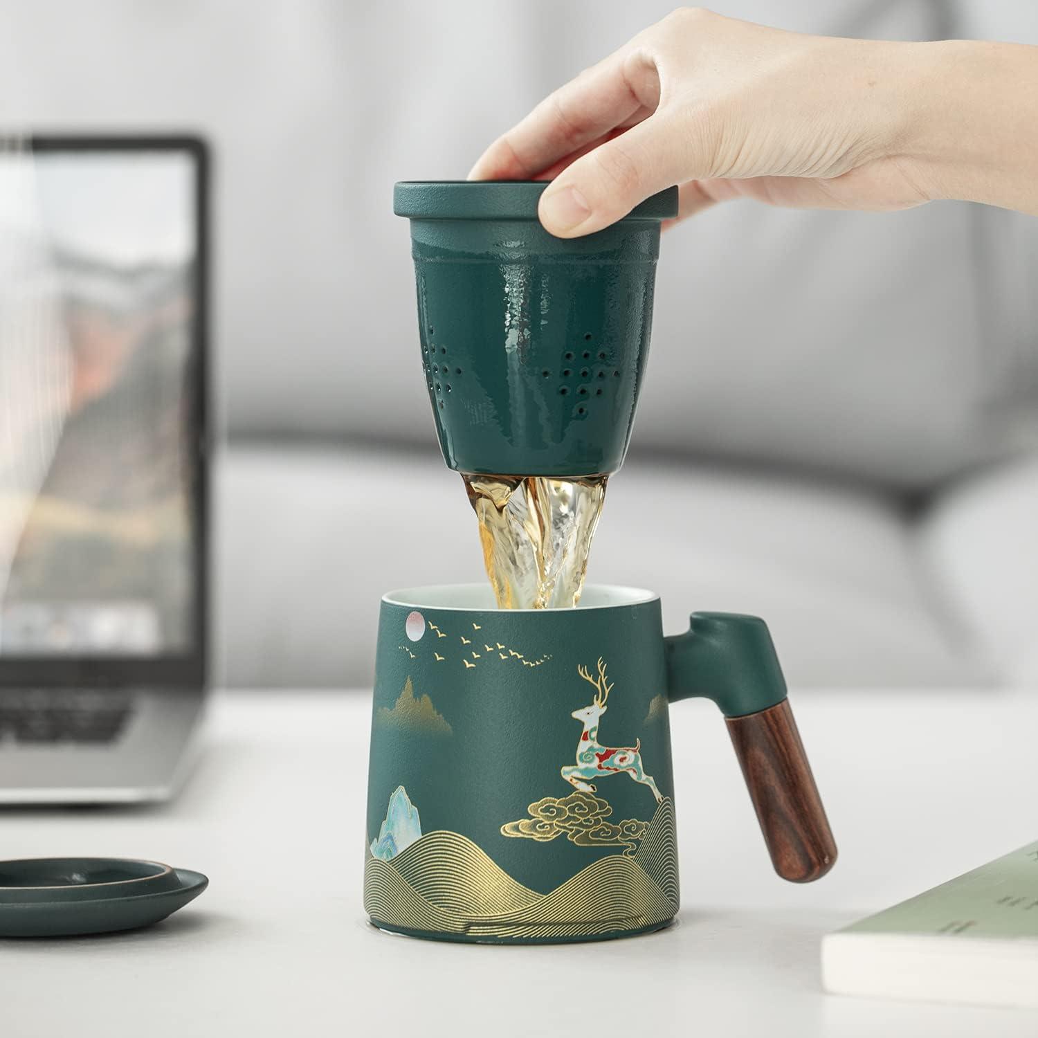 Hanbosym Keramikteebecher mit Teesieb und Deckel, handbemalt, Geschenkverpackung, 400ml Grün