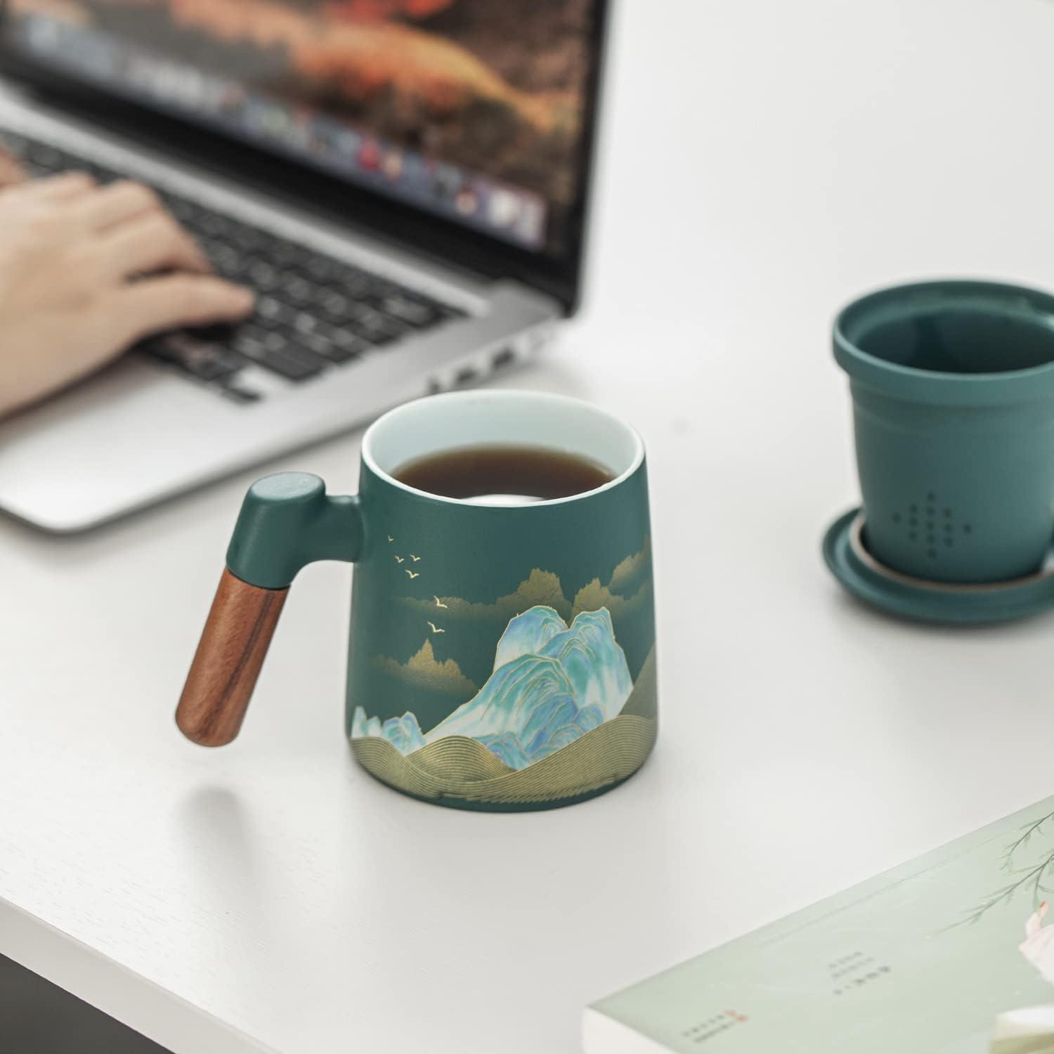 Hanbosym Keramik Teebecher Teesieb Deckel handbemalt 400ml Grün