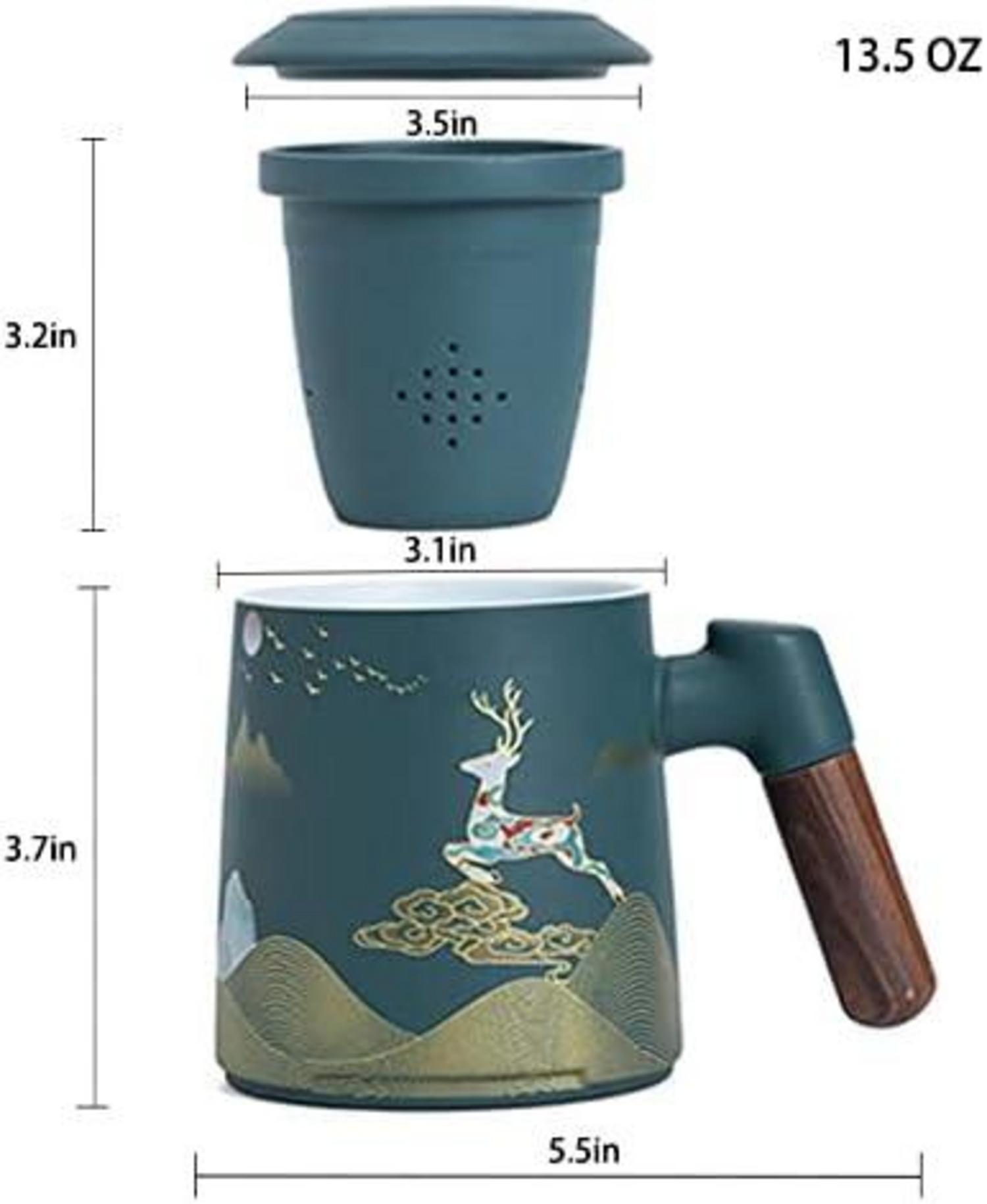 Teebecher Keramik Teesieb Deckel handbemalt Holzgriff 400ml Grün