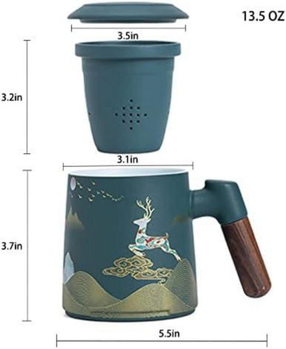 Teebecher Keramik Teesieb Deckel handbemalt Holzgriff 400ml Grün