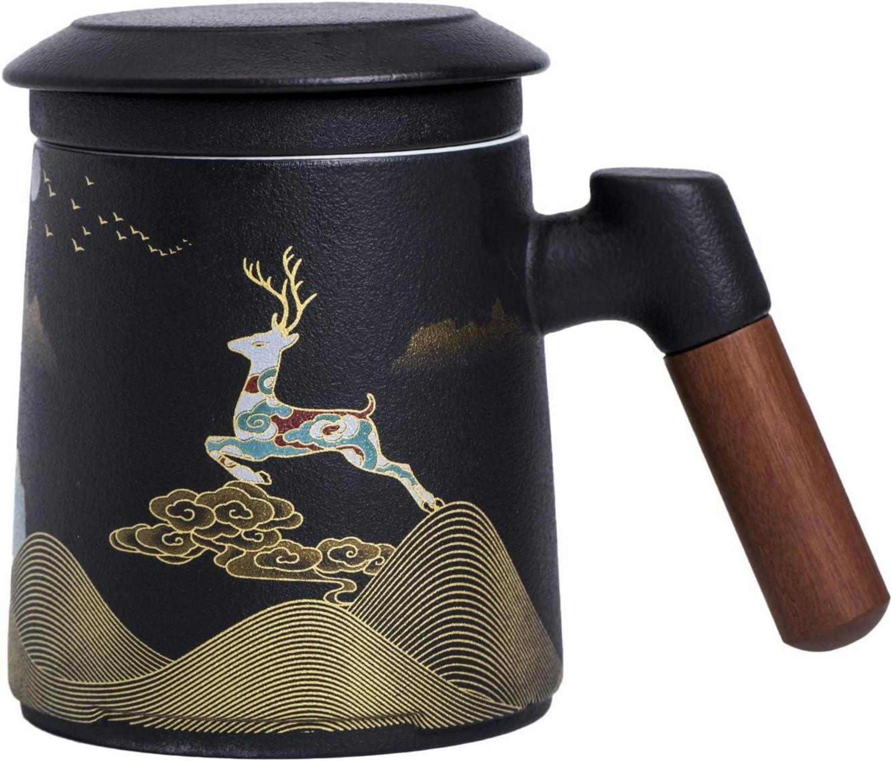 Keramik Teebecher mit Teesieb und Deckel handbemalt 400ML Black