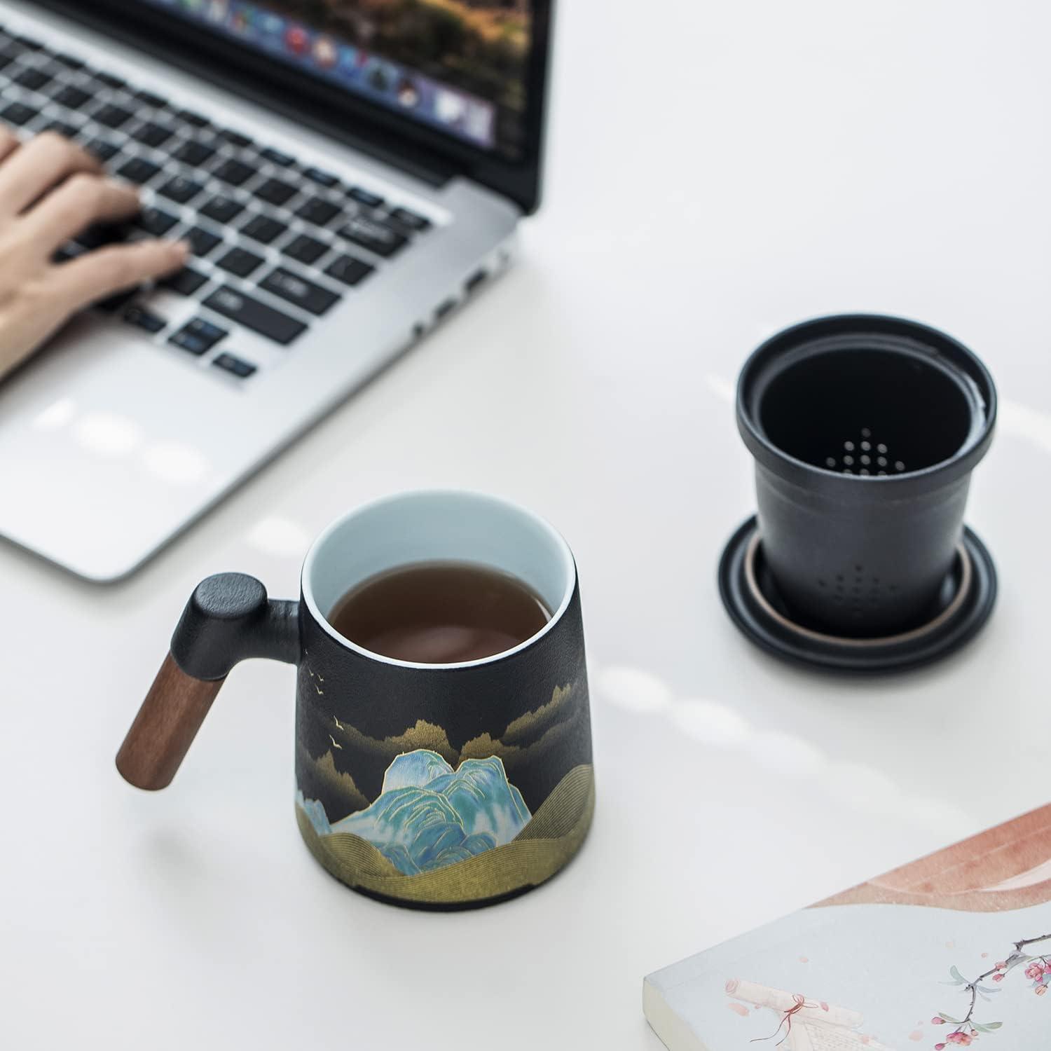 Keramik Teebecher mit Teesieb und Deckel, handbemalt, 400ML