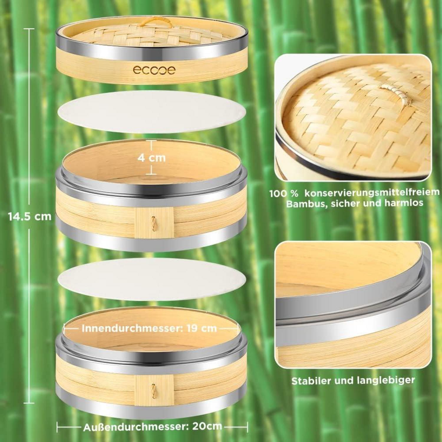 Bambusdämpfer 2 Etagen Edelstahlrand 20cm Dämpfeinsatz, 2