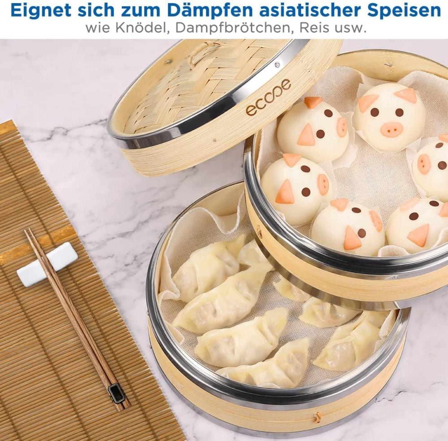 Bambusdämpfer mit verstärktem Rand, 2 Etagen, 20cm Einsatz, 2 Baumwolltücher