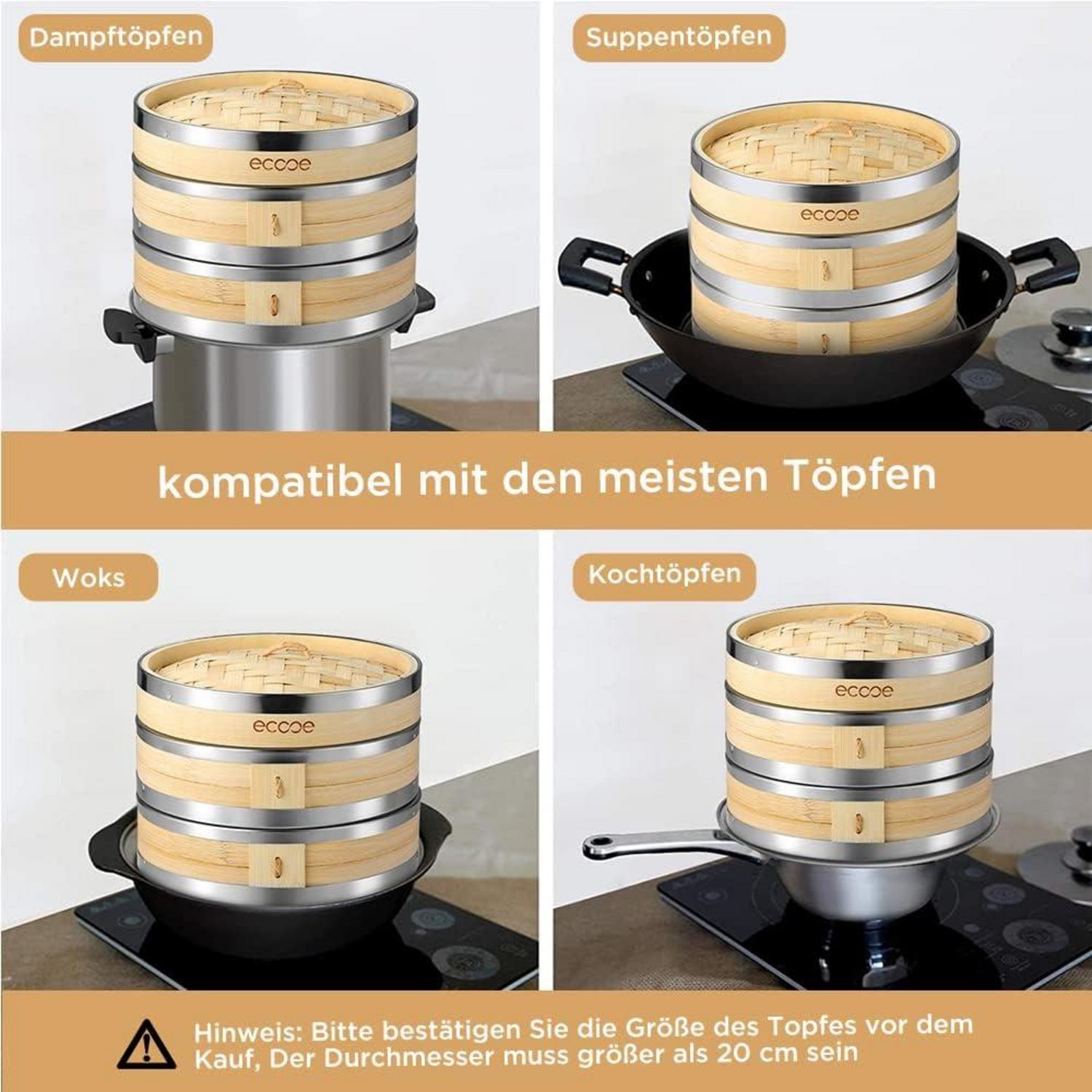 Bambus Dampfgarer 2 Etagen Edelstahl 20cm Baumwolltücher