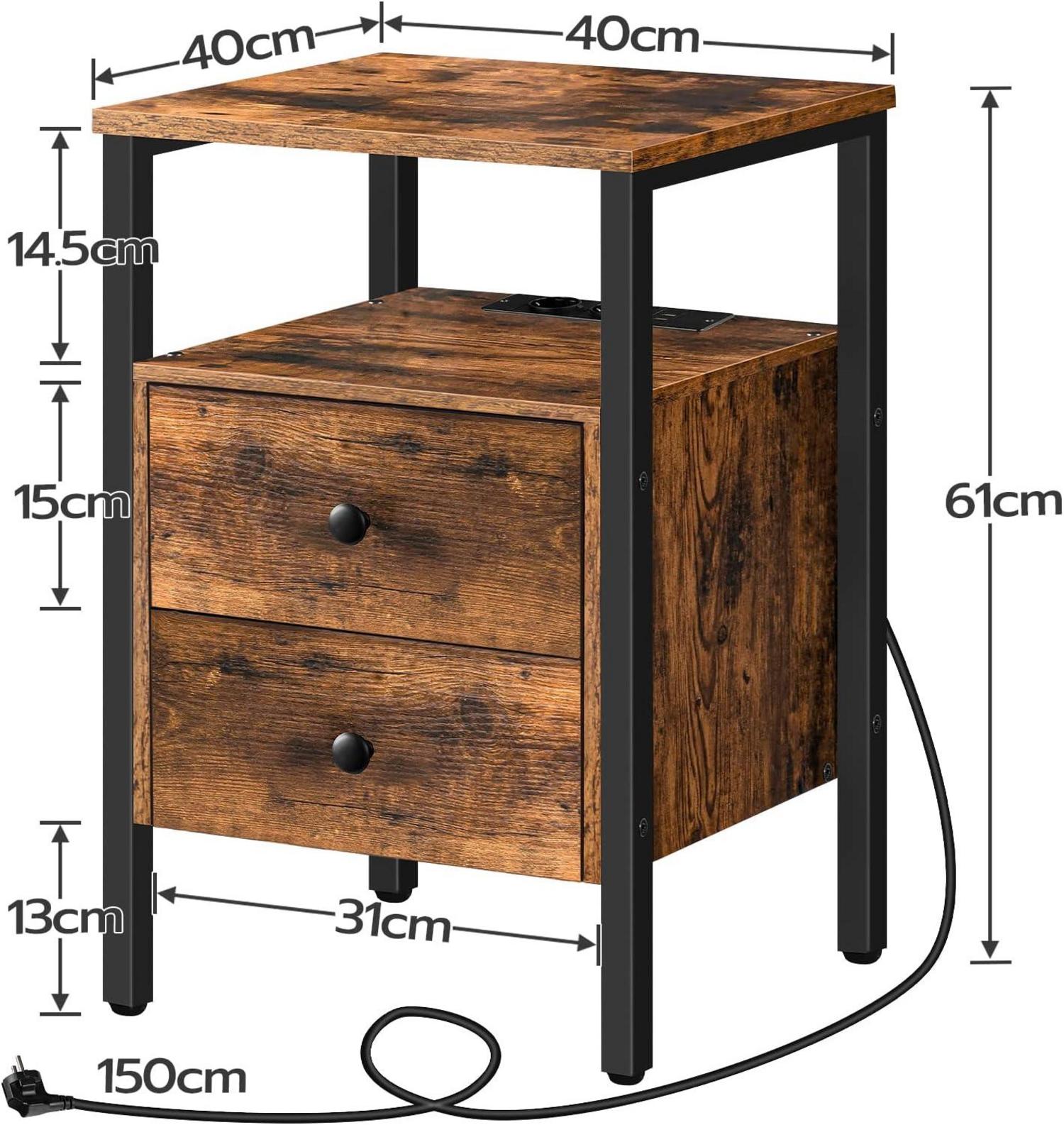 Nachttisch mit Ladestation und 2 Schubladen, Vintage Stil 40 x 40 x 61