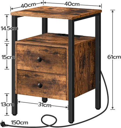 Nachttisch mit Ladestation und 2 Schubladen, Vintage Stil 40 x 40 x 61