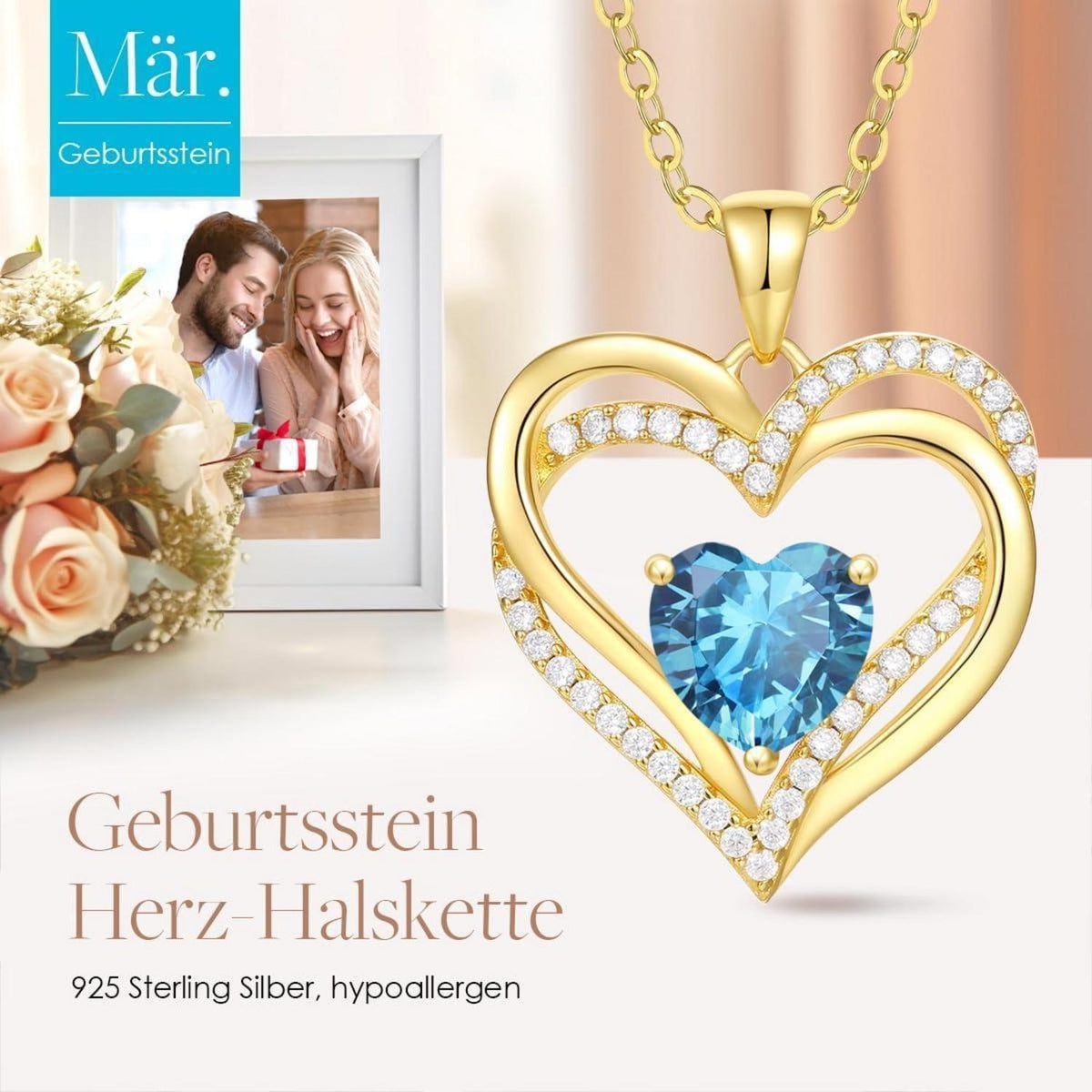 Herz Kette Damen 925 Sterling Silber Geburtsstein Halskette März