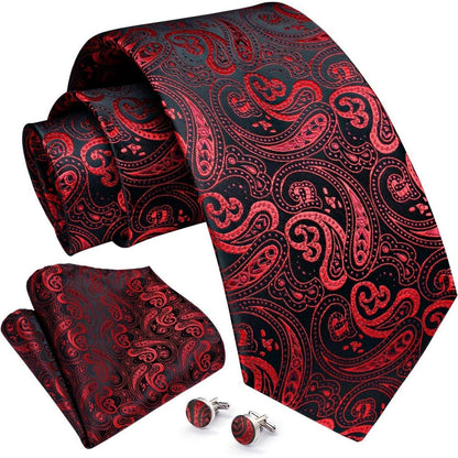 Herren Krawatten Set mit Einstecktuch & Manschettenknöpfen – Paisley Rot Schwarz