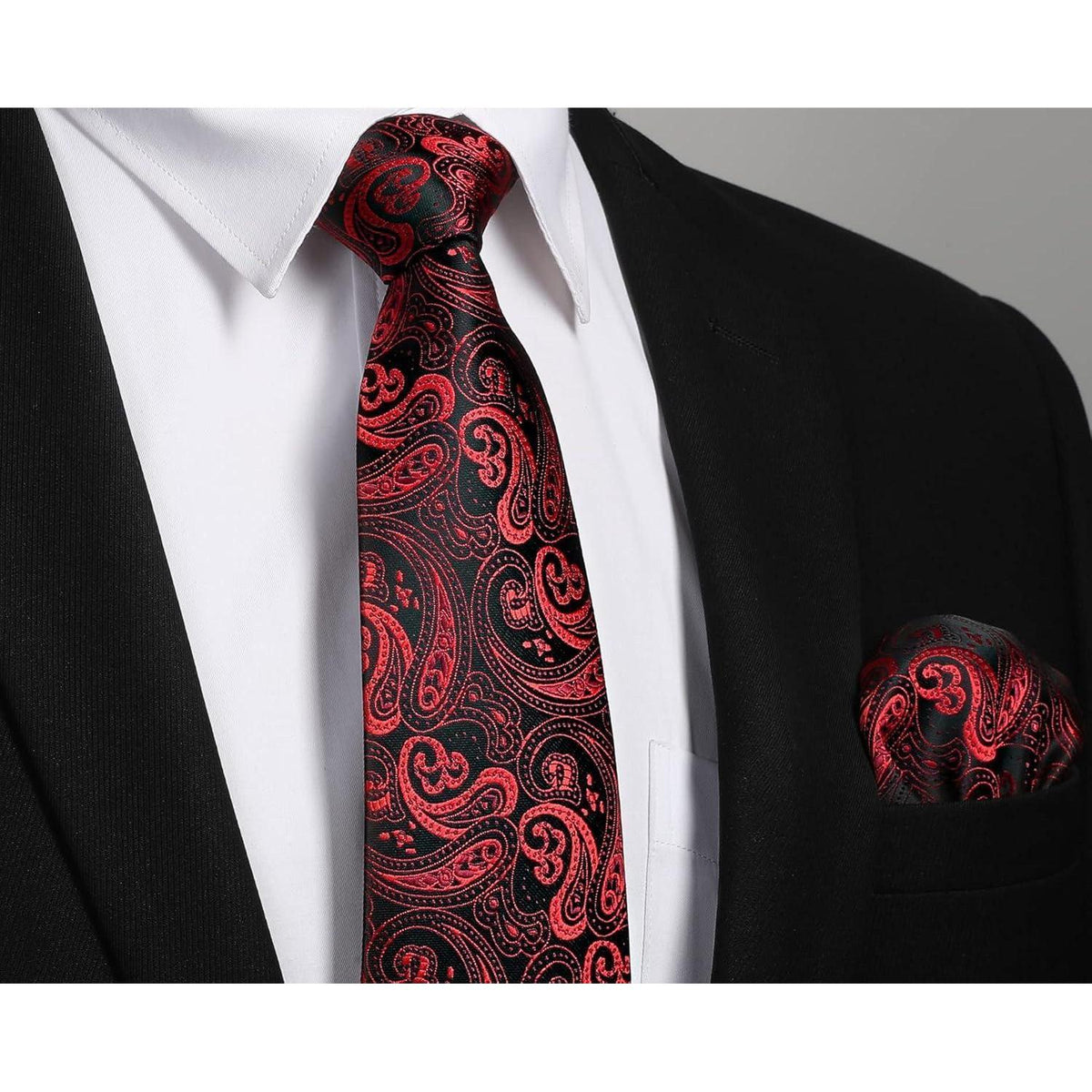 Herren Krawatten Set mit Einstecktuch & Manschettenknöpfen – Paisley Rot Schwarz