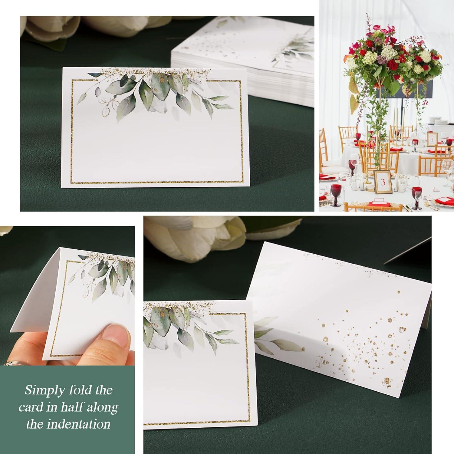 50 Stück Elegante Hochzeit Tischkarten Weiß mit Gold und Grün Blatt