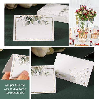 50 Stück Elegante Hochzeit Tischkarten Weiß mit Gold und Grün Blatt