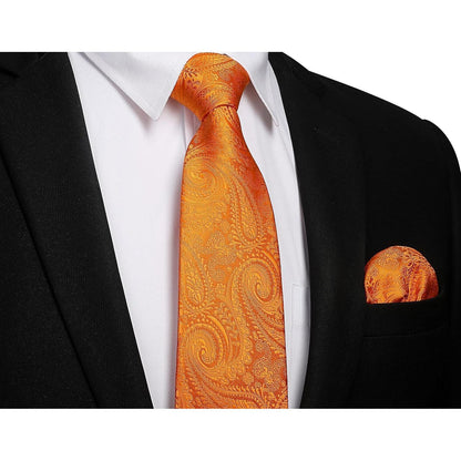 Herren Krawatten Set mit Einstecktuch, Krawattenklammer & Manschettenknöpfen – Orange