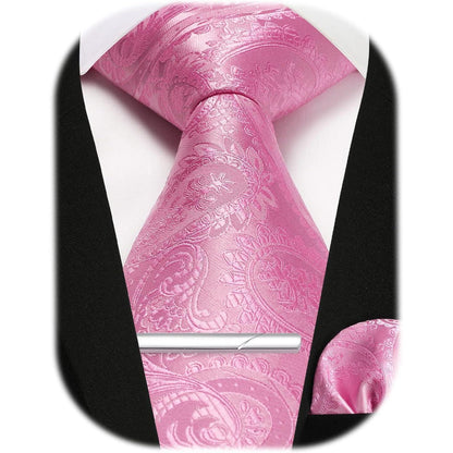 Herren Krawatten-Set mit Einstecktuch und Krawattennadel – Rosa Paisley