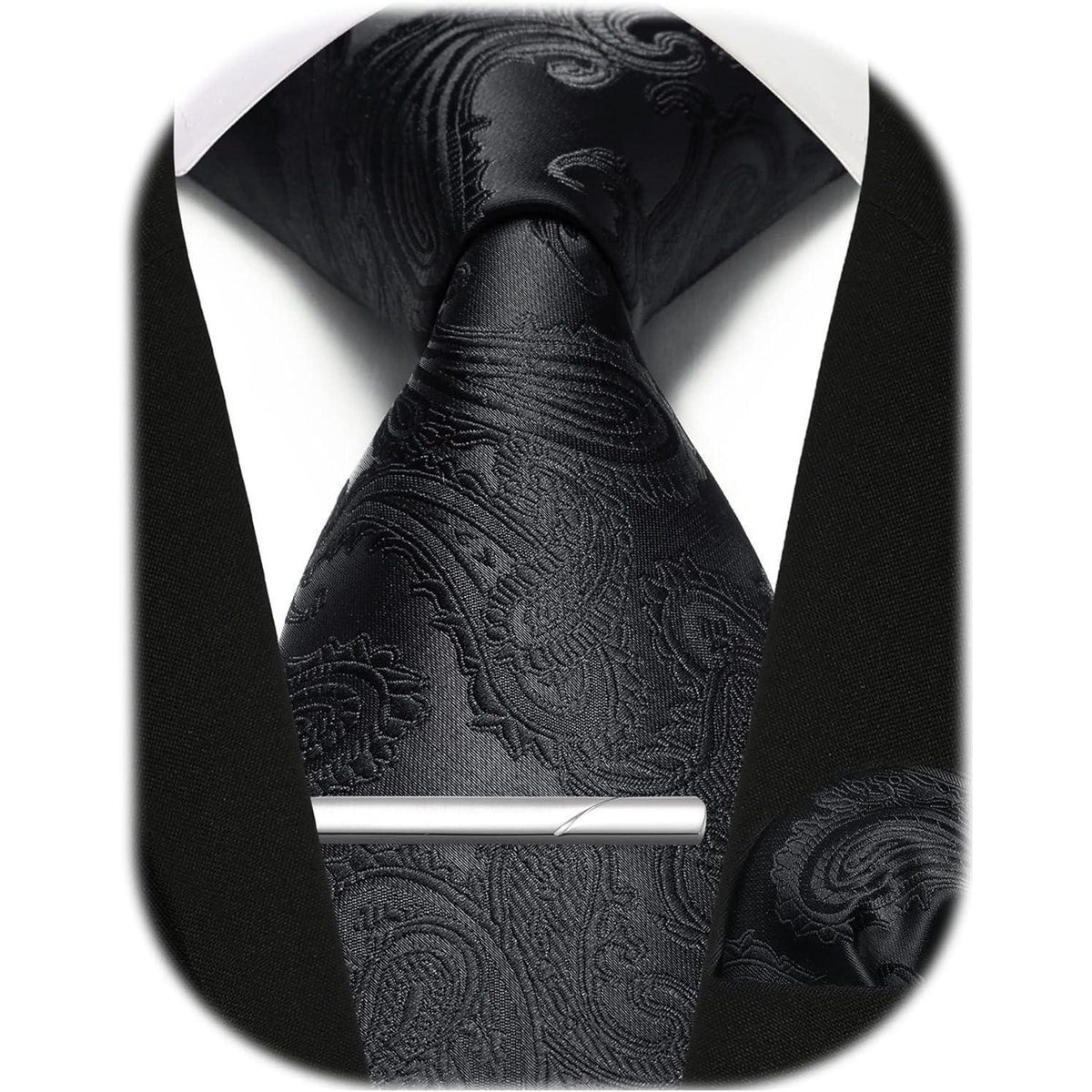Herren Krawatten-Set mit Einstecktuch und Krawattennadel - Paisley Kariert Schwarz