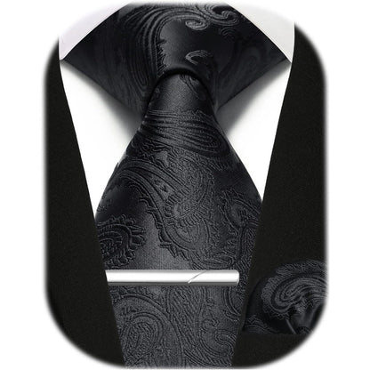 Herren Krawatten-Set mit Einstecktuch und Krawattennadel - Paisley Kariert Schwarz
