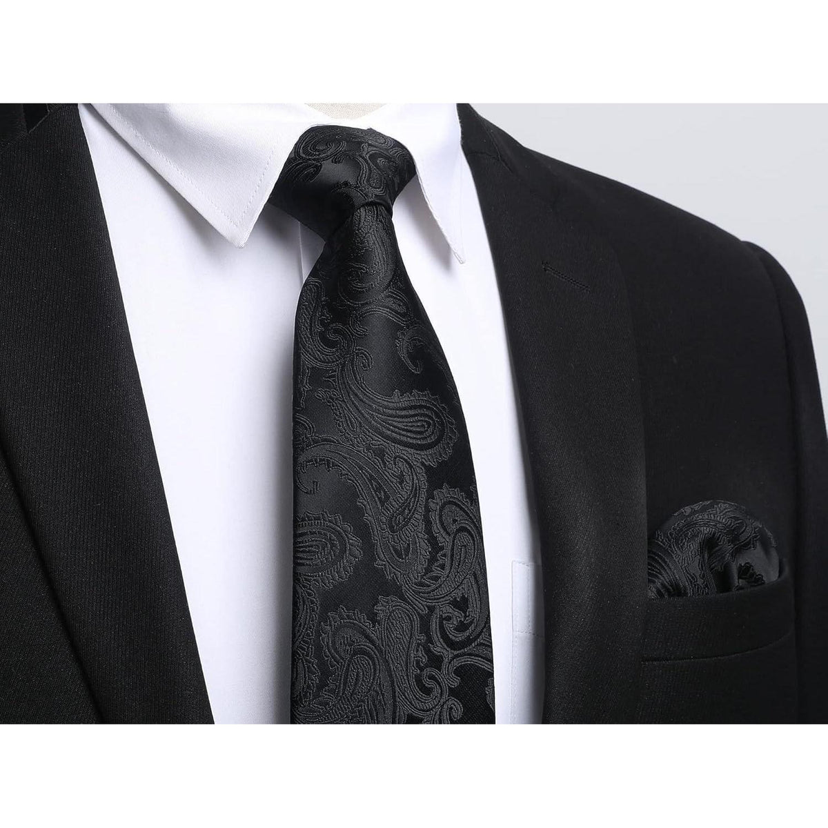 Herren Krawatten-Set mit Einstecktuch und Krawattennadel - Paisley Kariert Schwarz