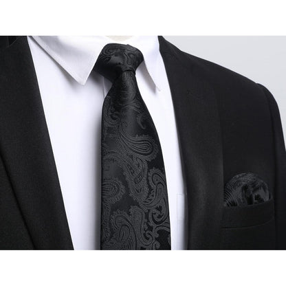 Herren Krawatten-Set mit Einstecktuch und Krawattennadel - Paisley Kariert Schwarz
