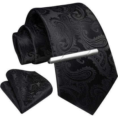 Herren Krawatten-Set mit Einstecktuch und Krawattennadel - Paisley Kariert Schwarz