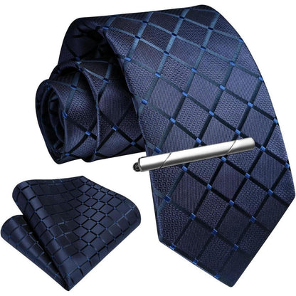 Herren Krawatten-Set mit Einstecktuch und Krawattennadel – Marineblau Kariert