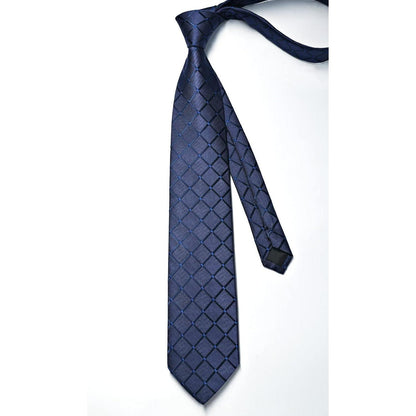 Herren Krawatten-Set mit Einstecktuch und Krawattennadel – Marineblau Kariert