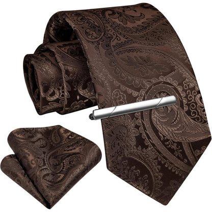Herren Krawatten-Set mit Einstecktuch und Krawattennadel - Braun
