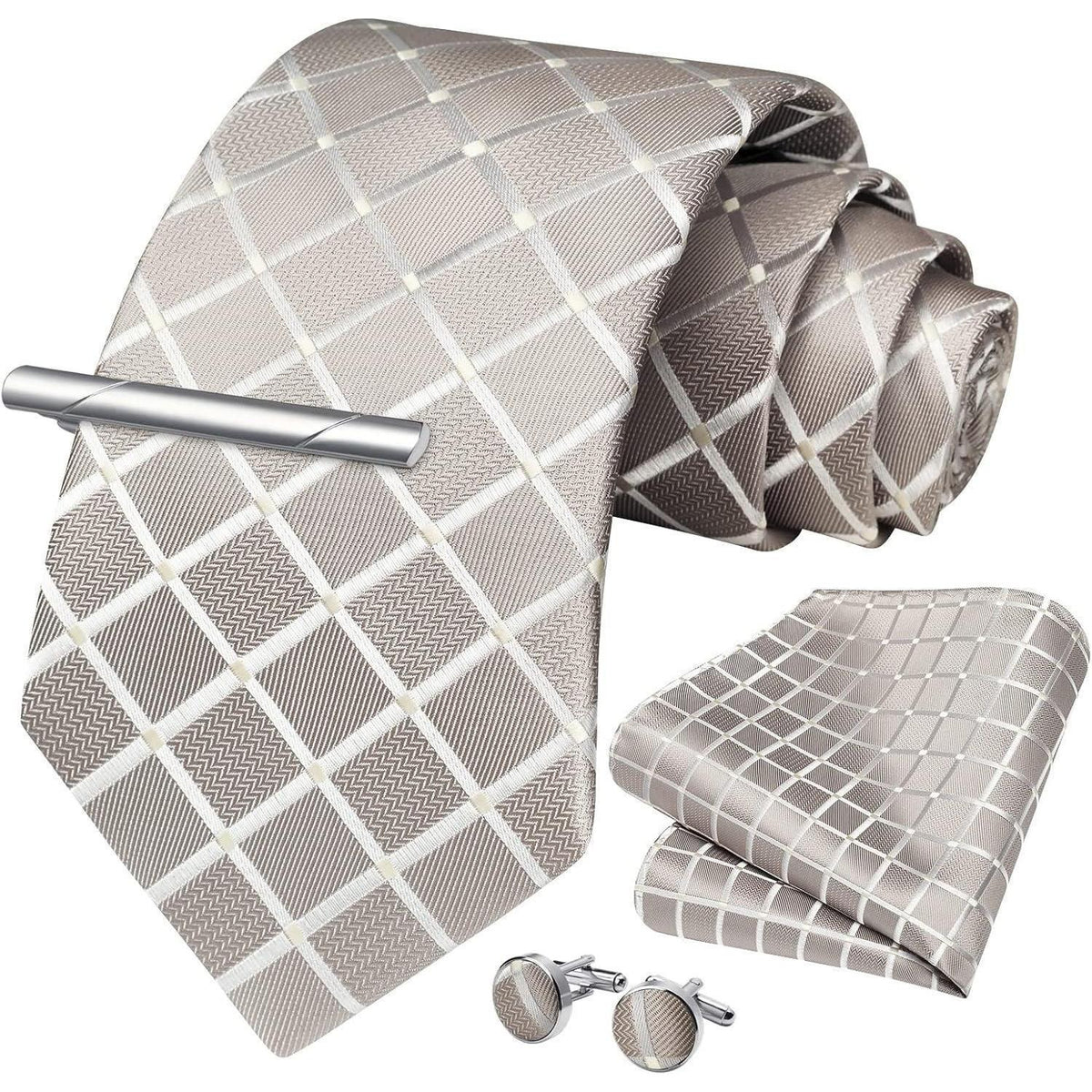 Herren Krawatten-Set mit Einstecktuch, Manschettenknöpfen und Krawattenklammer Champagner