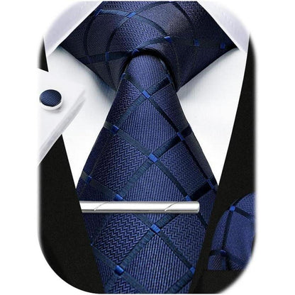 Herren Krawatten-Set mit Einstecktuch und Manschettenknöpfen, marineblau kariert