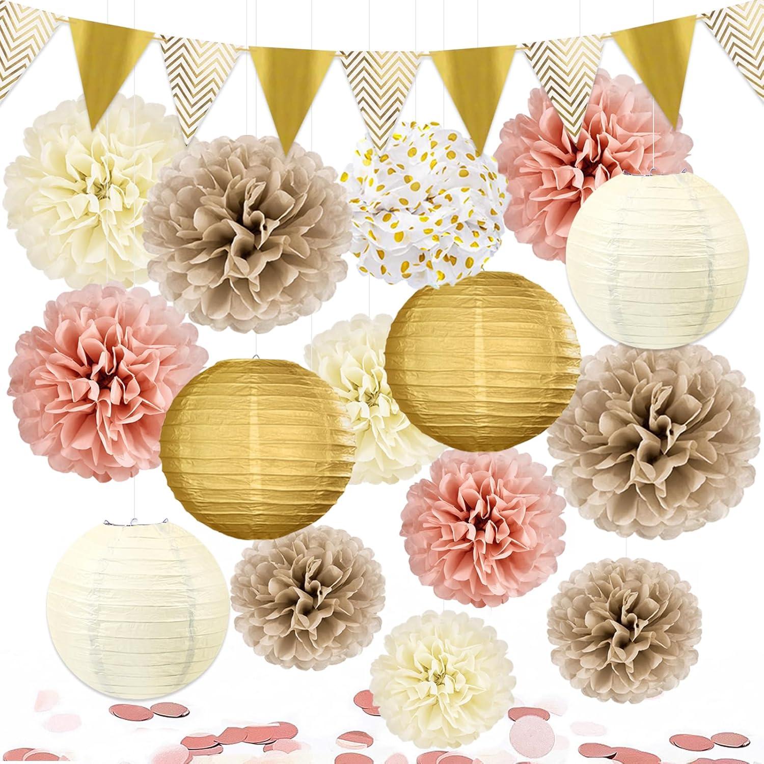 Partydekoration Set Pompons Papierlampion beige Vintage gewünscht
