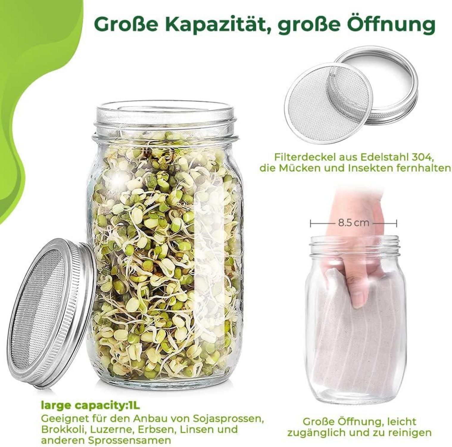 Sprossen Keimglas 1000ml Sprouting jar Glas mit Filterdeckel & Ständer