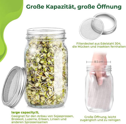 Sprossen Keimglas 1000ml Sprouting jar Glas mit Filterdeckel & Ständer
