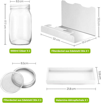 ecooe Sprossen Keimglas 1000ml 2er Sprouting jar Glas Edelstahl 304 Ständer Wasserschale