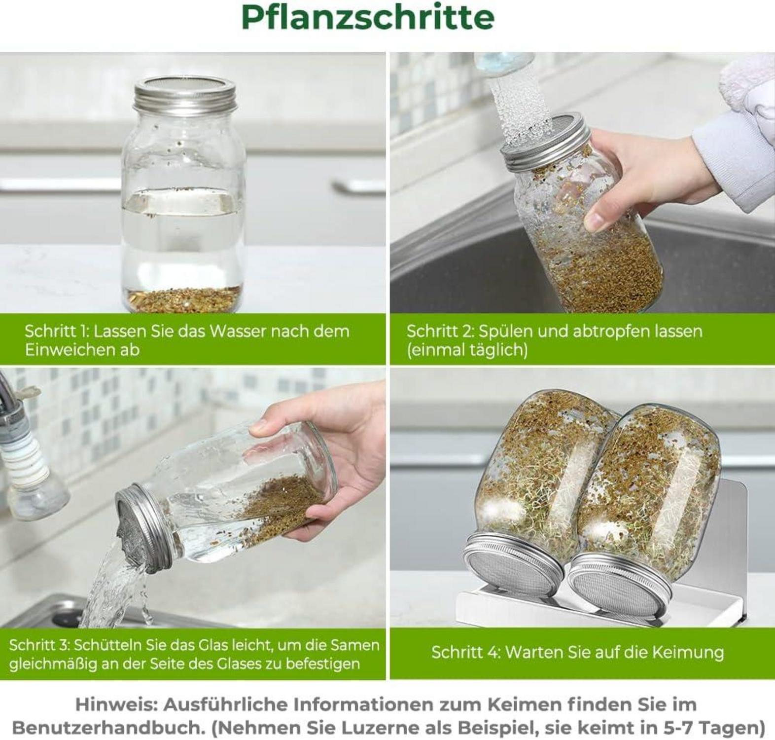 Sprossen Keimglas 1000ml 2er Sprouting Jar Glas Filtergitter Edelstahl