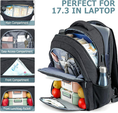 Großer Laptop Rucksack mit USB-Ladeanschluss, Schwarz 17,3