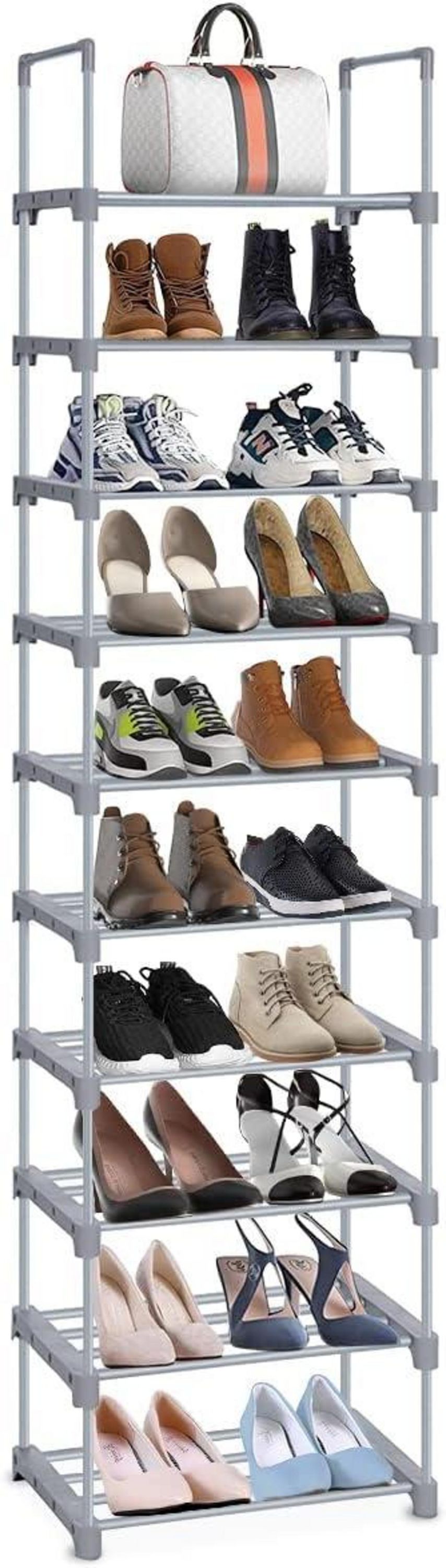 Schuhregal 10 Etagen hoch schmal Metall-Schuhablage Grau
