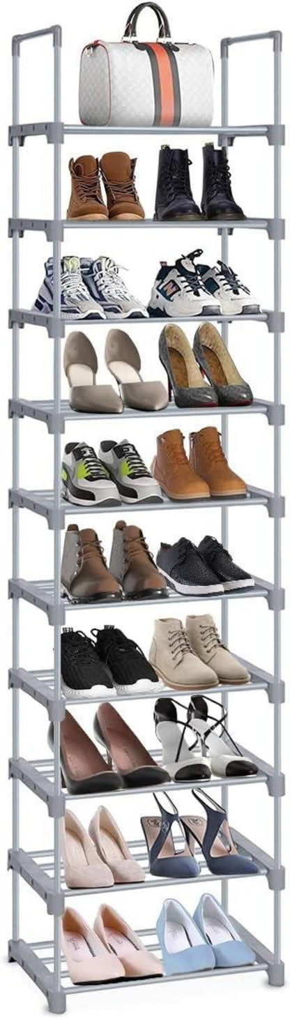 Schuhregal 10 Etagen hoch schmal Metall-Schuhablage Grau